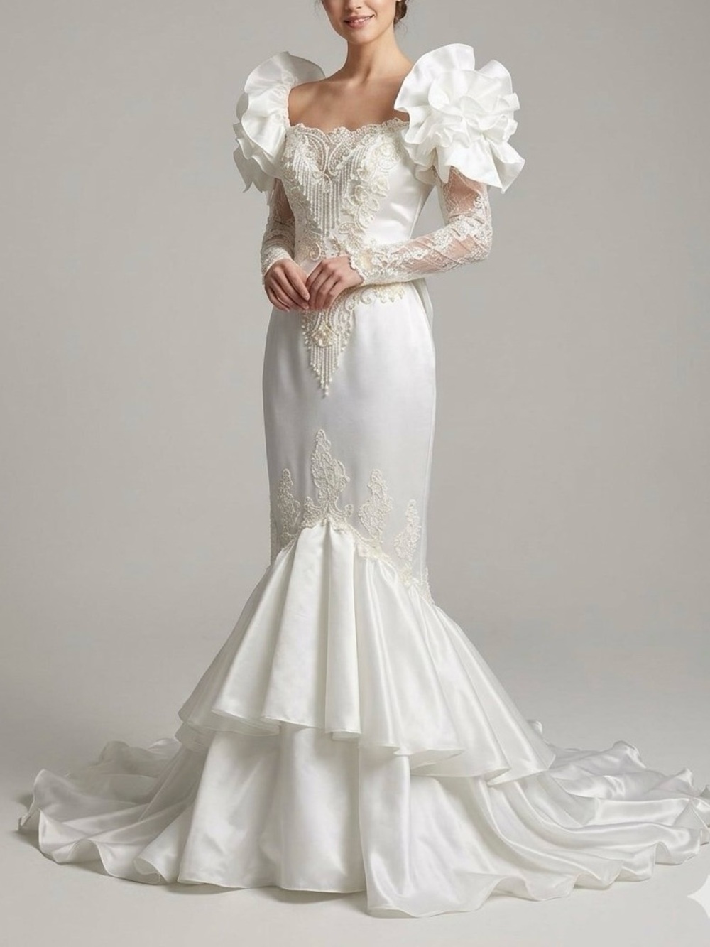 VTG San Martin Bridal Mermaid Wedding Dress Sz 8 Beaded Lace Ruffle Train 80s 90